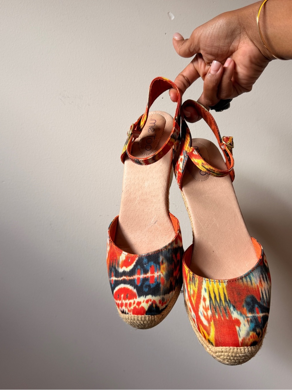 me too Orange Multicolor Ikat Espadrille Wedge Sandals